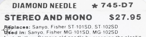 Record Player Needle Stylus Pfanstiehl 745-D7 Sanyo, Fisher ST-101SD, ST-102SD