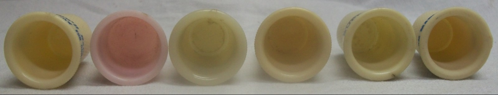 6 VINTAGE ADVERTISING THIMBLES: 2 VICTOR KNOX, PETERS SHOES, BUTTER-NUT + 2