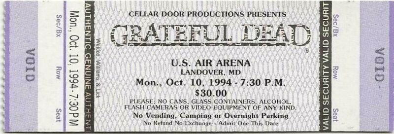Grateful Dead Unused Ticket 10-10-1994 U.S. Air Arena **Mail Order** Garcia Weir