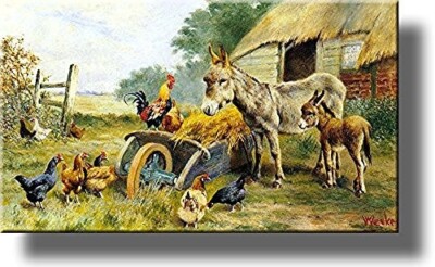 Donkey Mule Chicken Farm Kitchen Picture on Stretched Canvas, Wall Art Décor, Re