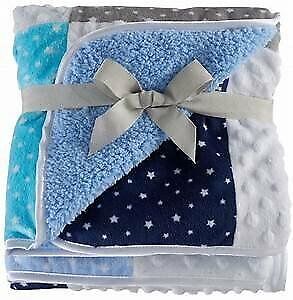 NWT Just Born Navy Turquoise Blue Grey White Star Patchwork Sherpa Baby Blanket