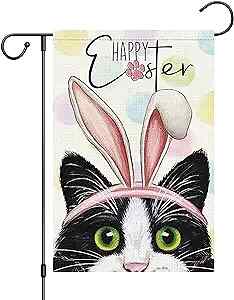  Easter Garden Flag 12x18 Double Sided Burlap, Small Vertical Happy Easter Cat 