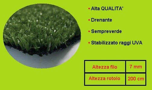 TAPPETO PRATO SINTETICO ERBA SINTETICA 7 mm CALPESTABILE h. 2 mt VERDE h. 200 cm