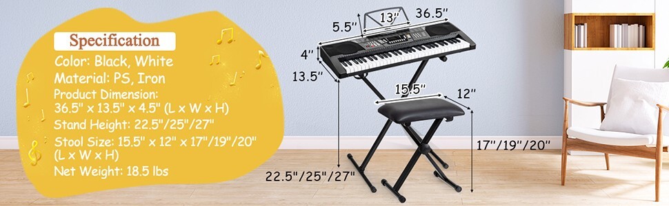 61-Key Electronic Keyboard Piano with Lighted Keys and Bench w/mic. and headset