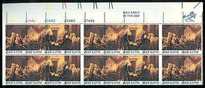 US #1691-94var 13¢ Declaration of Independence Plate strip of 20, misperf error,