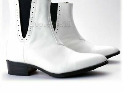 Pre-owned Handmade Men's Leather Fashion White Cuban Heel Dress Fashion Formal Boots-714