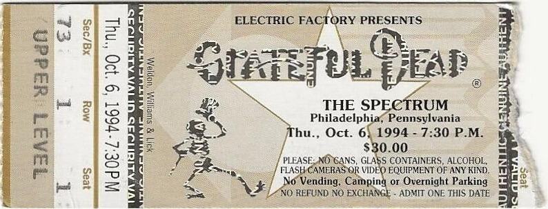 Grateful Dead Ticket 10-06-1994 The Spectrum Mail Order Garcia Weir