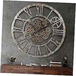 23 Inch Wooden Real Moving Gears Wall Clock Distressed Bronze,Large Oversized 