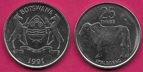 BOTSWANA 25 THEBE 1991 UNC ZEBU LEFT,VALUE ABOVE,NATIONAL ARMS,DATE BELOW