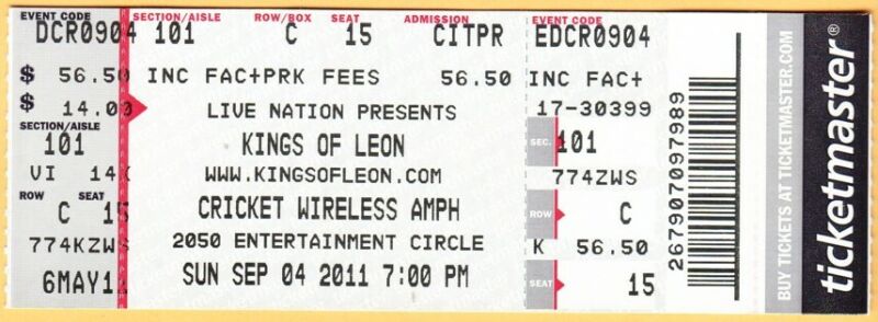 2011 KINGS OF LEON concert ticket Cricket Wireless Amphitheatre 9/4/11 CA