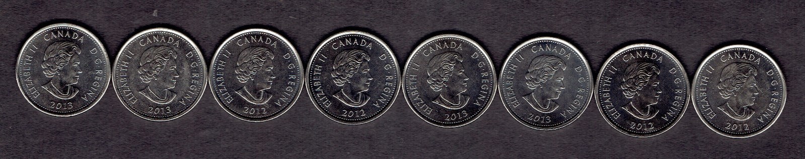 CANADA 2012 WAR OF 1812 ( 8 used  diff. coins col+non-col XF+)