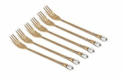 Royal 6pc 24K Gold Demi Forks Dessert Flatware Set with White Swarovski Stone