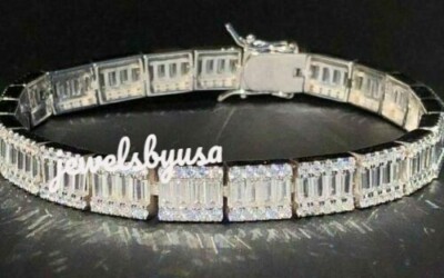 Pre-owned Nsg 6ct Baguette Cubic Zirconia Men's Tennis Bracelet White Gold Plated Silver