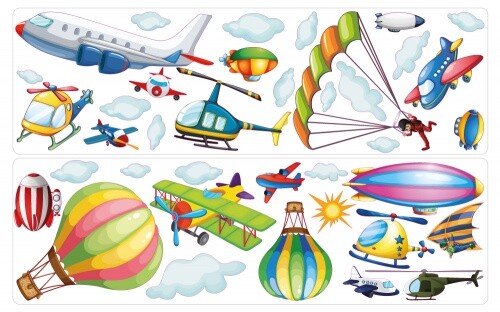 Wandtattoo Flugzeuge, Helikopter und Heißluftballons Wanddeko