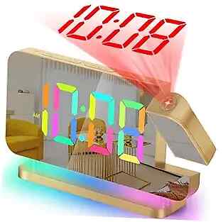  Projection Alarm Clock,7.4'' LED Mirror Digital Clocks Large Display,with Gold