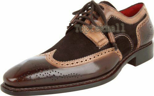 Pre-owned Handmade Men's Leather Brown Two Tone Dress Lace Up Oxfords Brogues Shoes-889