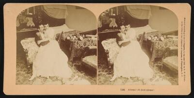 Alone! At last alone! Sentimental scene of woman sitting on man's - Old Photo
