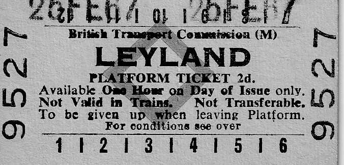 BRITISH TRANSPORT COMMISSION (M) - PLATFORM TICKET - LEYLAND 05.02.1967