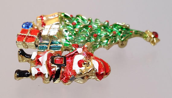 Vintage Christmas Tree Santa Pin, Enameled Xmas Brooch, Holiday Costume Jewelry