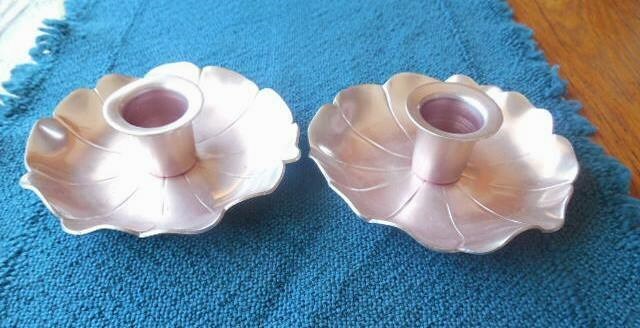 McClelland Barclay Pink Colored Aluminum Candlesticks Pair Floral Pattern Signed