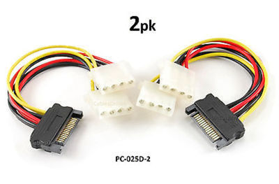 2-PACK 6'' SATA 15-Pin Male to Dual 4-Pin Molex Y Power Splitter - PC-025D-2