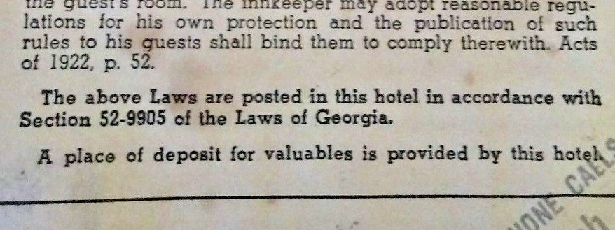 Vintage Georgia Hotel Laws from 1940's was displayed in all hotel rooms in GA