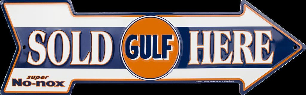 GULF OIL SOLD HERE ARROW 20" X 6" GASOLINE GAS METAL TIN ...