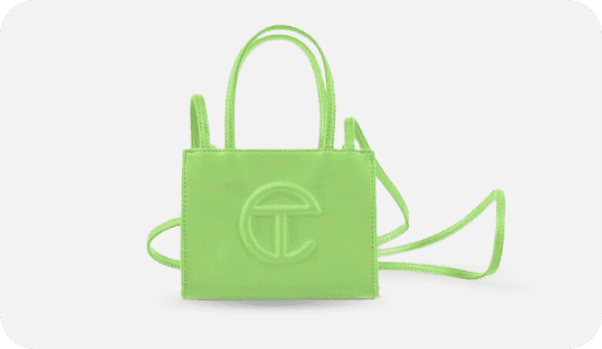 A neon green TELFAR bag linking to TELFAR shopping page