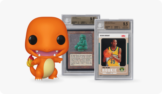 A Charmander Funko Pop!, a sports card, and a MTG card linking to Collectibles & Art page