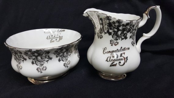 Royal Albert Silver Anniversary Cream & Sugar Set Bone China England Silver