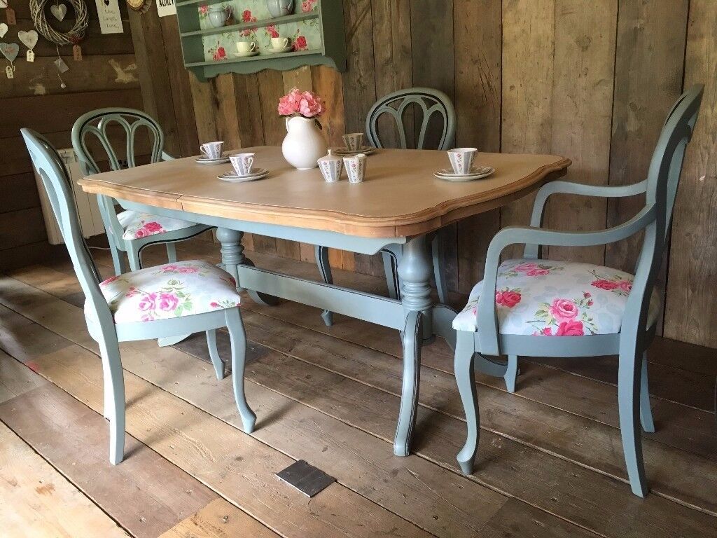 Upcycled Shabby Chic Painted Dining Table And 4 Chairs Duck Egg