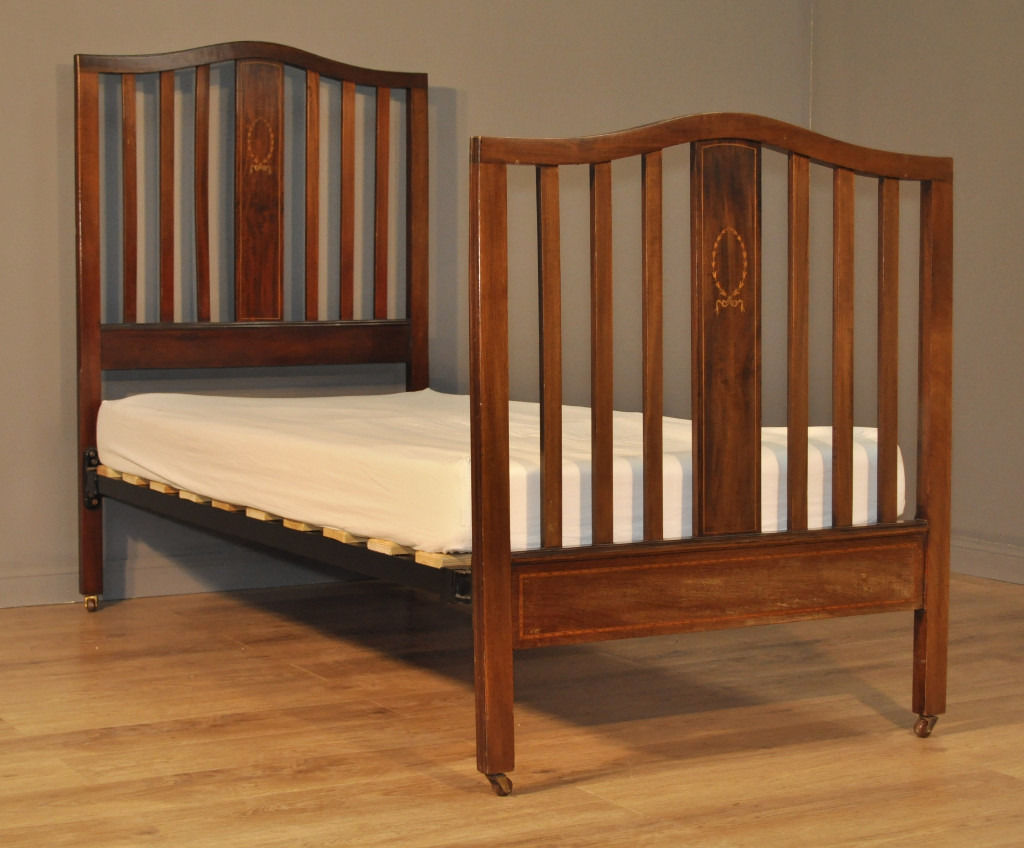 Attactive Tall Antique Edwardian Inlaid Mahogany Single Bed, New Base