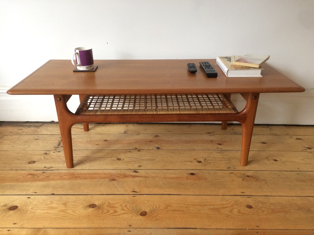 Mid Century Danish Trioh Large Teak Coffee Table with Rattan Shelf