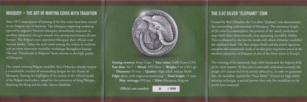 2017 Ivory Coast Mauquoy Haute Big Five Elephant HR 5oz Silver Antiqued