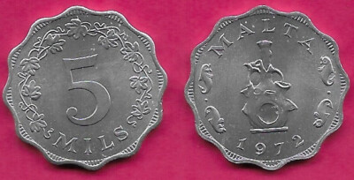 MALTA 5 MILS 1972 UNC EARTHEN LAMP STAND WITH THE COUNTRY NAME ABOVE AND THE DAT