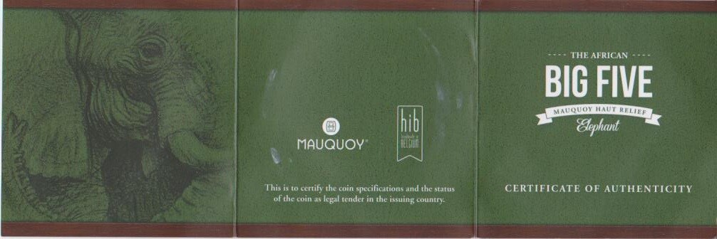 2017 Ivory Coast Mauquoy Haute Big Five Elephant HR 5oz Silver Antiqued