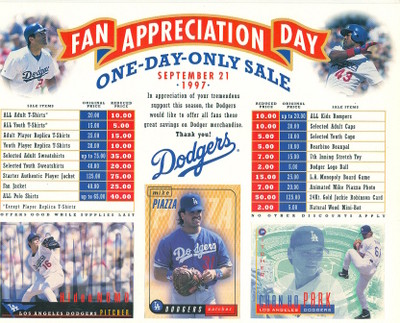 1997 Los Angeles Dodger Fan Appreciation Sheet w/3 card