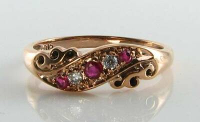 CLASS 9CT 9K ROSE GOLD RUBY & DIAMOND GYPSY BAND ART DECO INS RING FREE RESIZE
