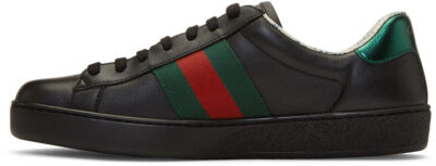 Pre-owned Gucci Mens Black Ace Guccy Leather Gold Flat Low Top Lace Sneaker 11 12