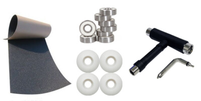 Skateboard Package BLACK GRIPTAPE 50MM WHITE WHEELS ABEC 9 BEARINGS, BLACK TOOL