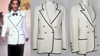 95P CHANEL Coco Buttons Piping Double Breasted Cotton Tweed Jacket 38