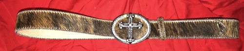 Western Rhinestone Fur Leather Mexico Belt Buckle Bling Cross XLarge Vtg