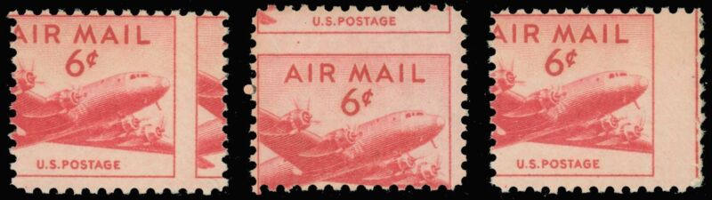 Usa Efo, Lot/3 Different Misperfed 6¢ Airmail Stamps, Mint-nh, Scott #c39 (sk)