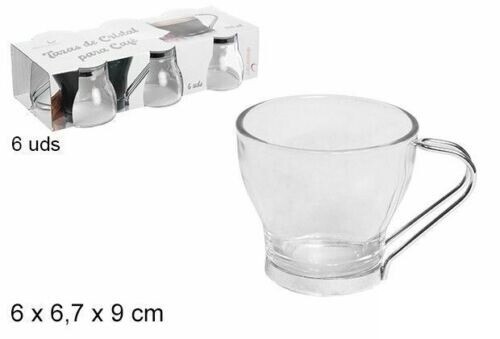 Set Servizio 6 Bicchieri Tazzine In Vetro Trasparente Manico Acciaio 85ml lil
