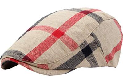 Men Striped-Plaid Newsboy-Caps Cotton-Blend Cabbie-Ivy-Hat One Size Beige