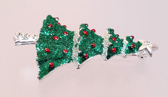 Vintage Christmas Tree Pin Rhinestone Glitter Brooch, Holiday Costume Jewelry