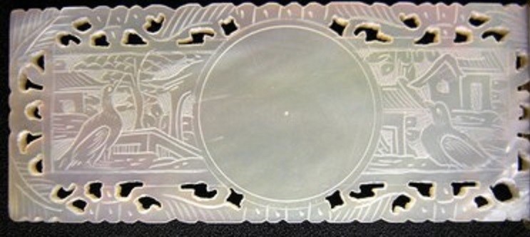 Gaming Counter Chip Pendant. Sterling MOP Hand Carved 18th Century 16in Chain.