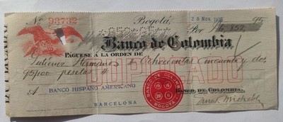 Colombia, Bogota, Banco de Colombia, Bill of Exchange, 1916