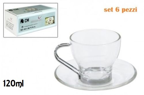 Set Servizio 6 Tazze Tazzine Caffè In Vetro Trasparente Con Piattino 120ml idea