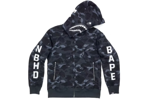 BAPE x NBHD Camo Shark Full Zip Hoodie black a bathing ape